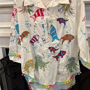 Colorful Fish and Octopus Embroidered Shirt